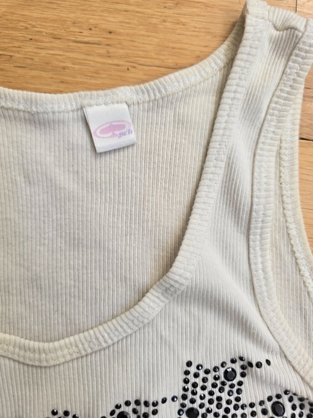 vintage Y2K | blinged-out white ribbed fitted tank top | WMS S - Picture 2 of 10